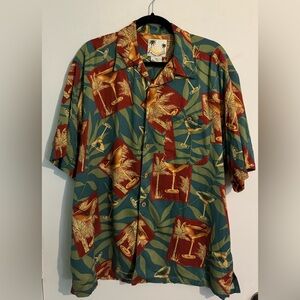 Banana Cabana Mens Silk Hawaiian Shirt Martini Sz L Palms Short Sleeve Button up